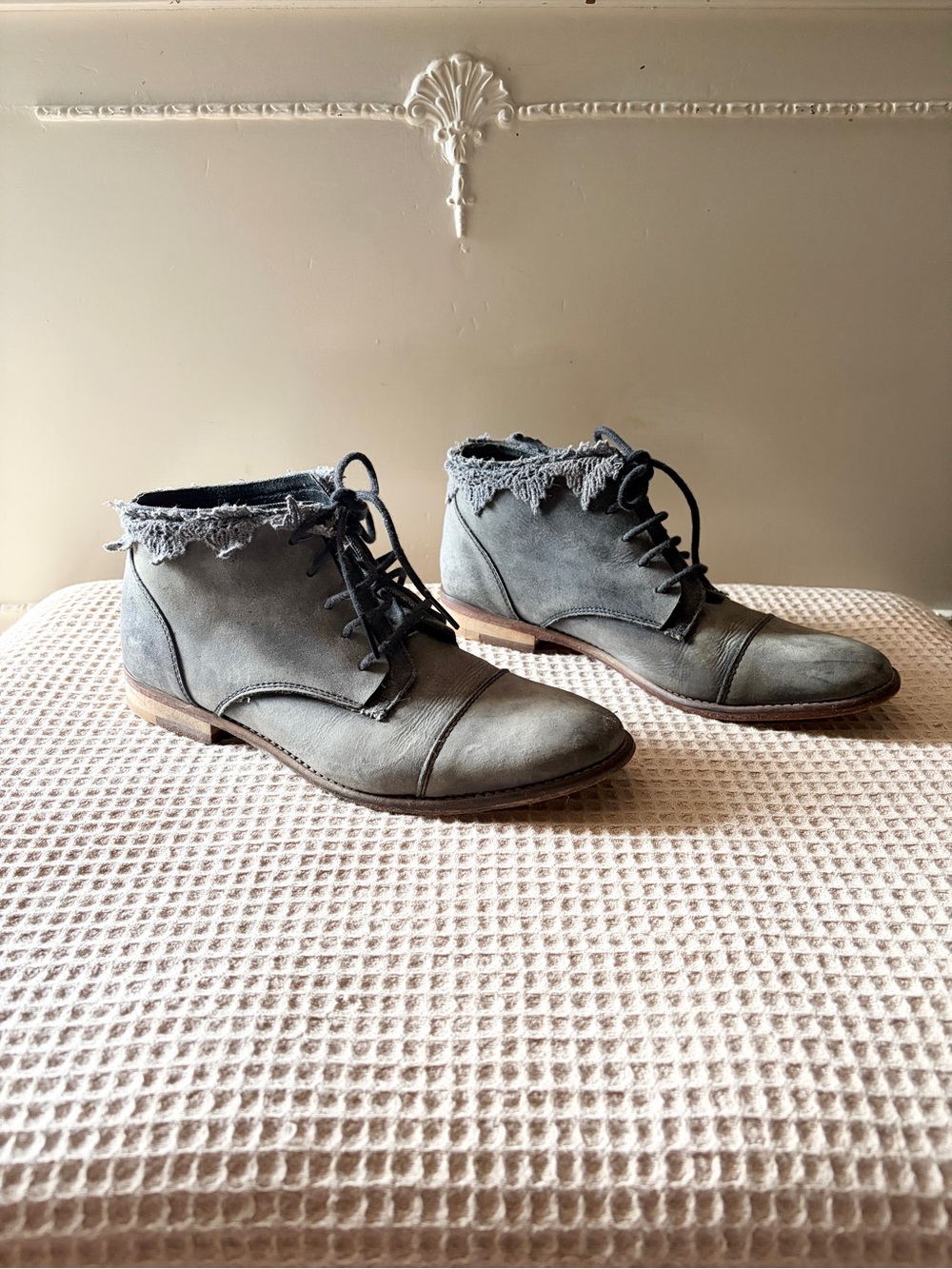 Free People Vaughan Grey Crochet Leather Distressed Boots/Size 38/Size 7.5-8
